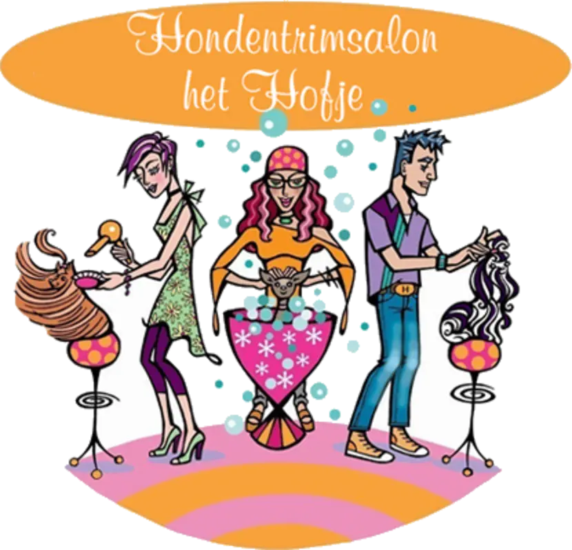 Getekend logo van Hondentrimsalon Het Hofje: drie trimsters aan het werk